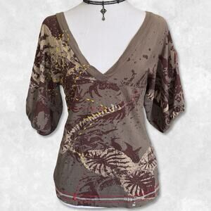 Y2K Desigual V Neck Embroidered Graphic Top Size M